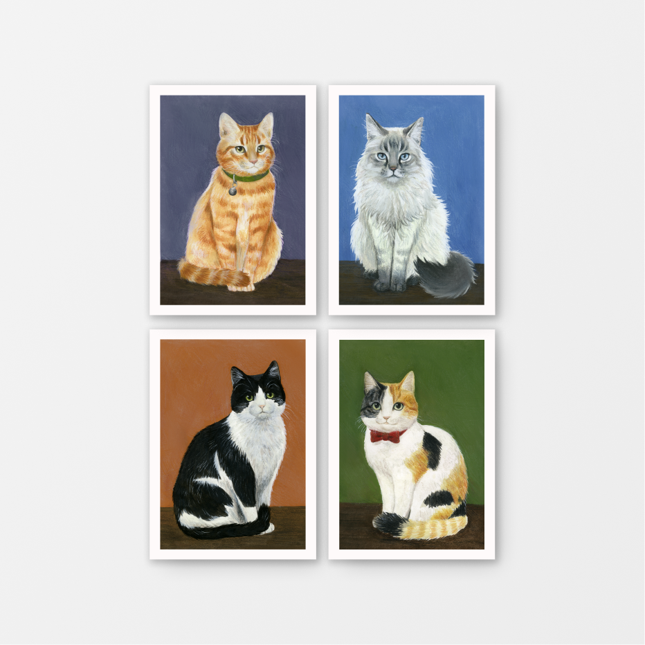 Set of 4 Cat Gouache Mini Prints 5" x 7"