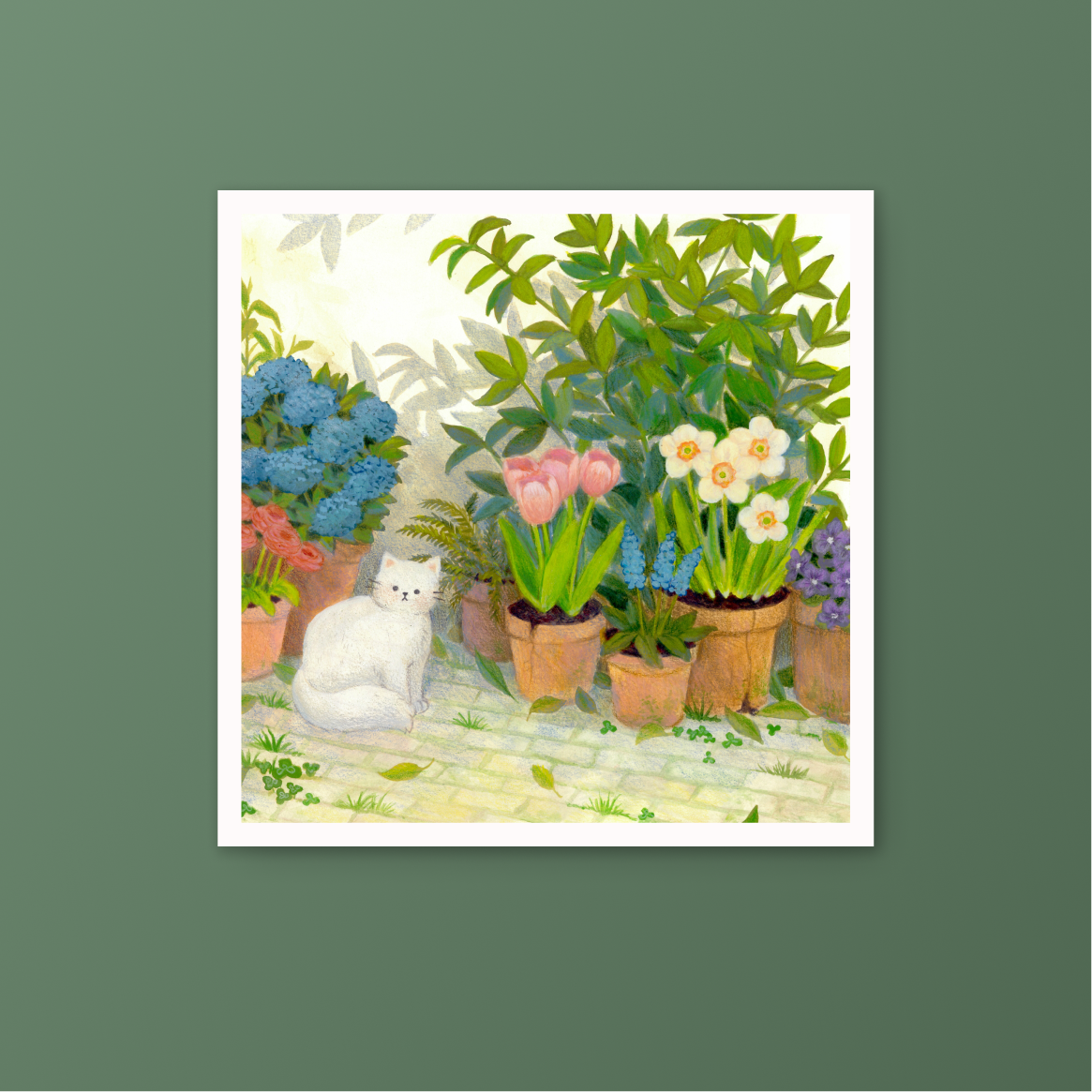Cat in the Garden Gouache Art Mini Print 8.5" x 8.5"