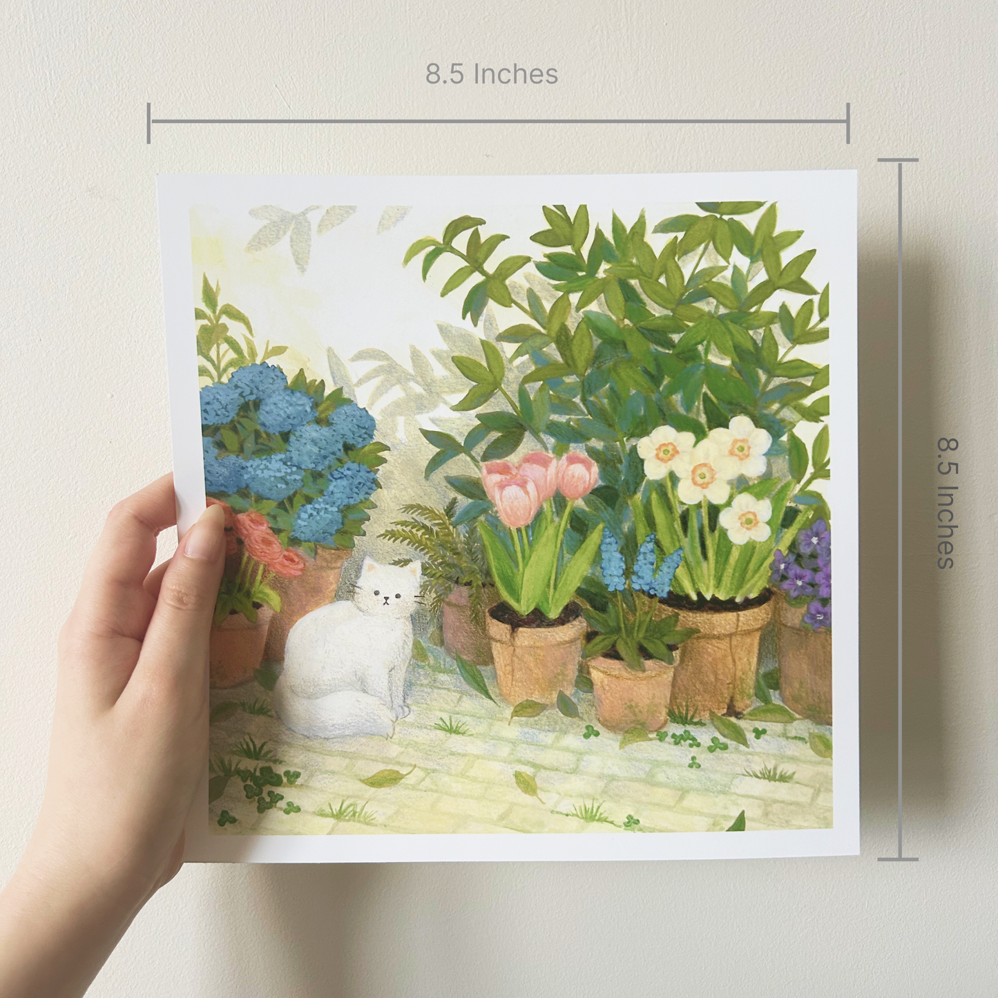 Cat in the Garden Gouache Art Mini Print 8.5" x 8.5"