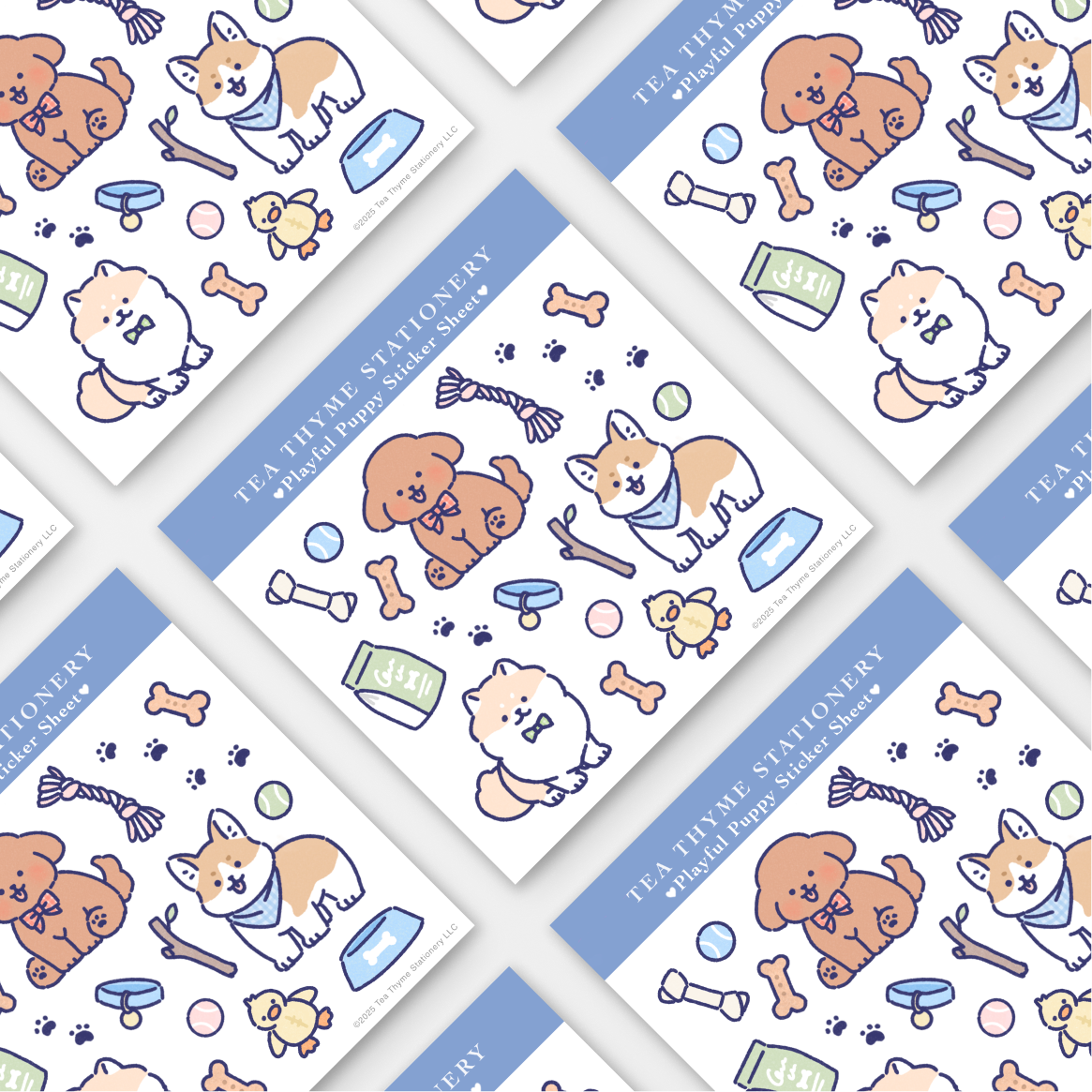 Playful Puppy Mini Sticker Sheet 3.75" x 3.75" Waterproof Vinyl