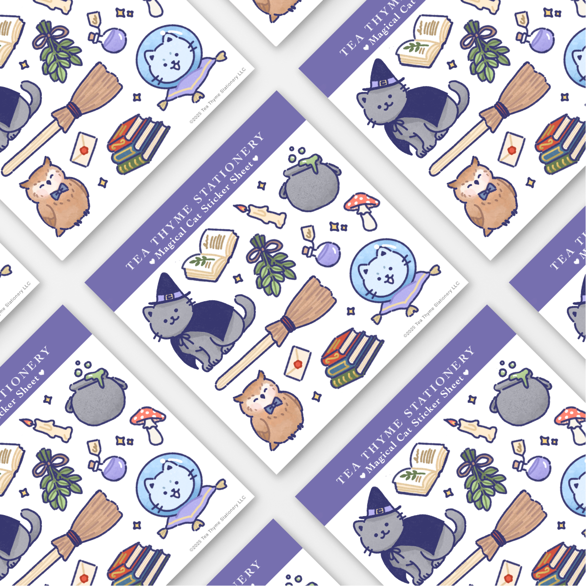Magical Cat Mini Sticker Sheet 3.75" x 3.75" Waterproof Vinyl