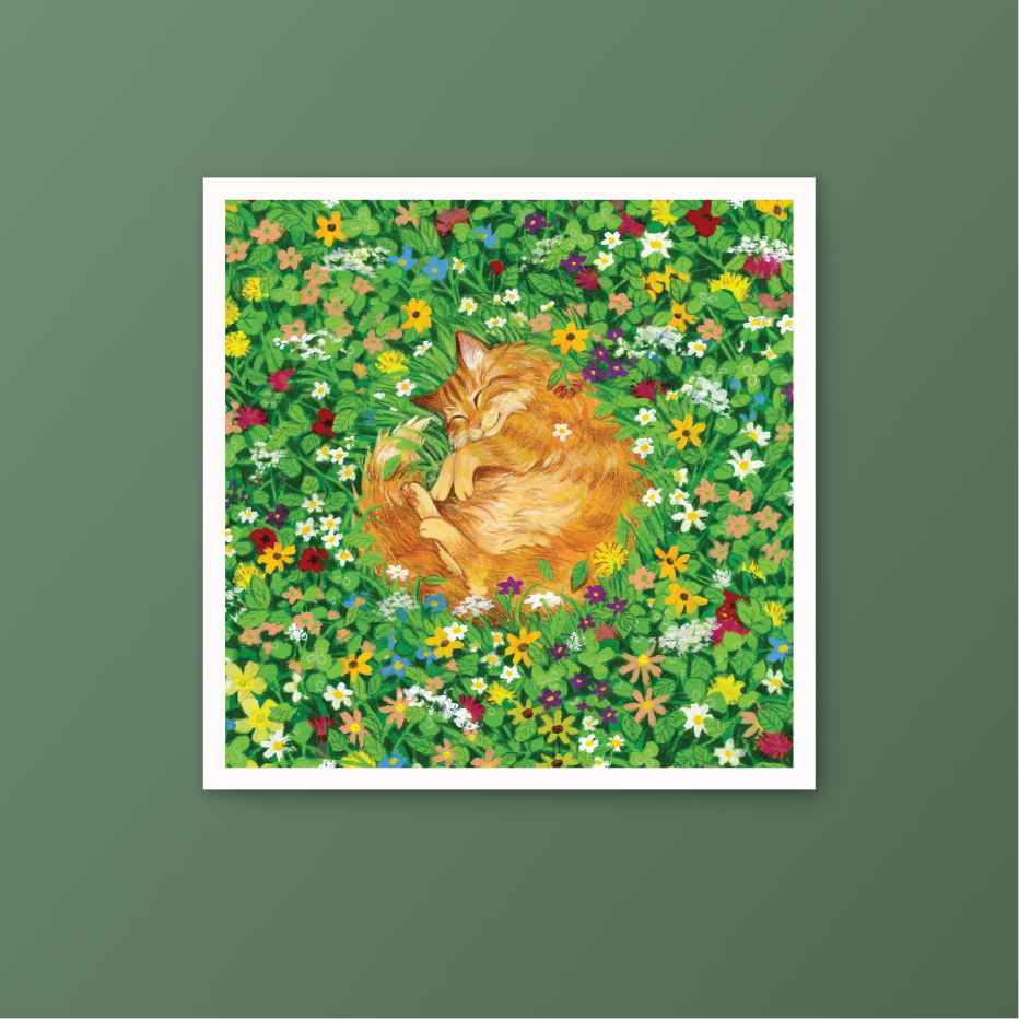 Flower Cat Nap Gouache Art Mini Print 8.5" x 8.5"