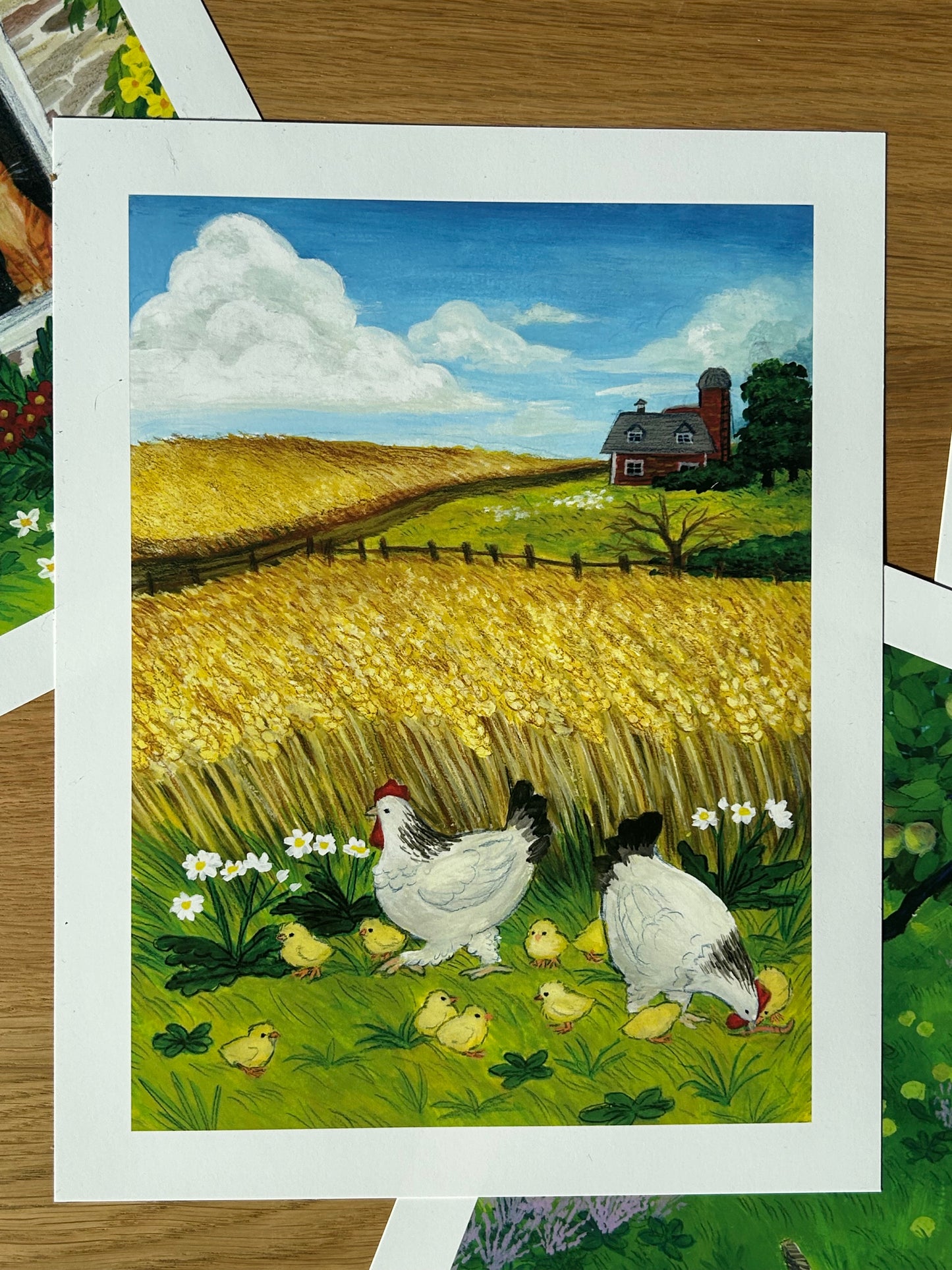 Chickens and Wheat Gouache Art Print 5" x 7"