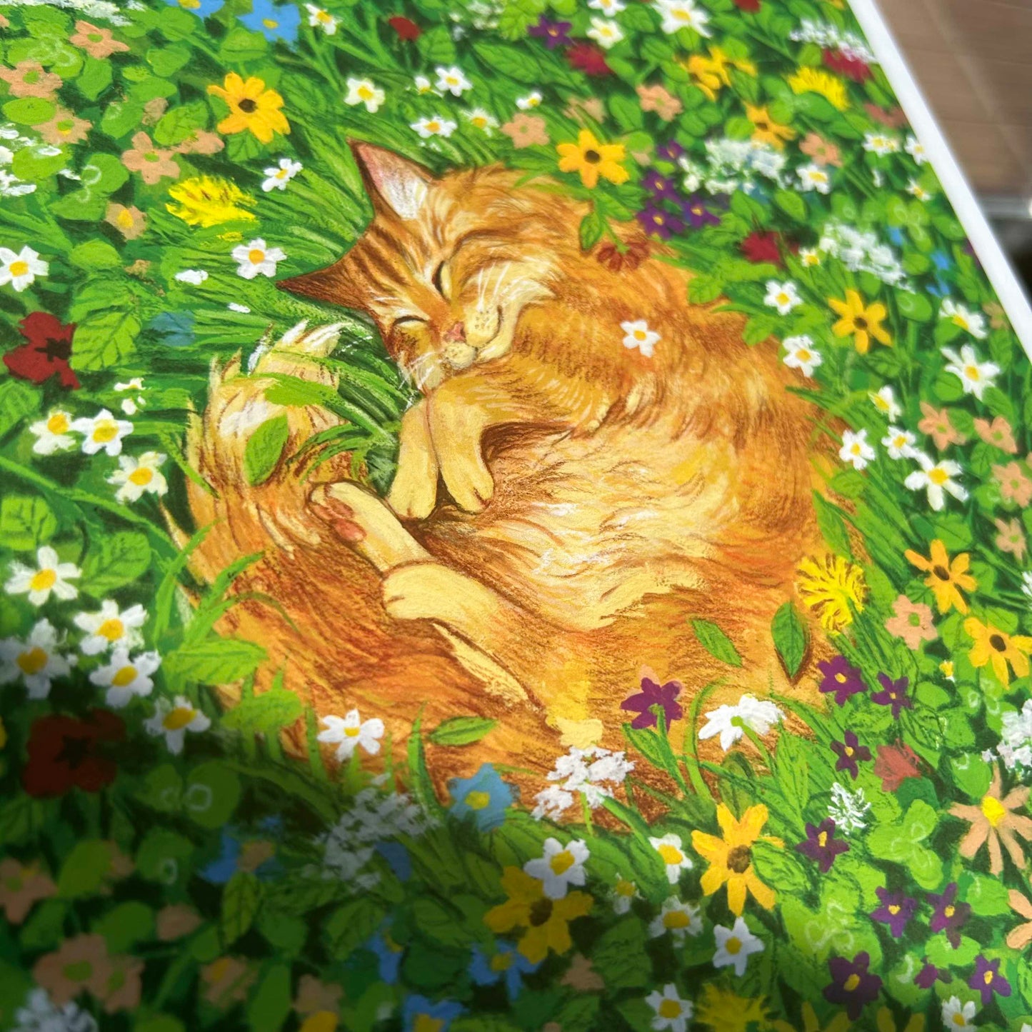 Flower Cat Nap Gouache Art Mini Print 8.5" x 8.5"