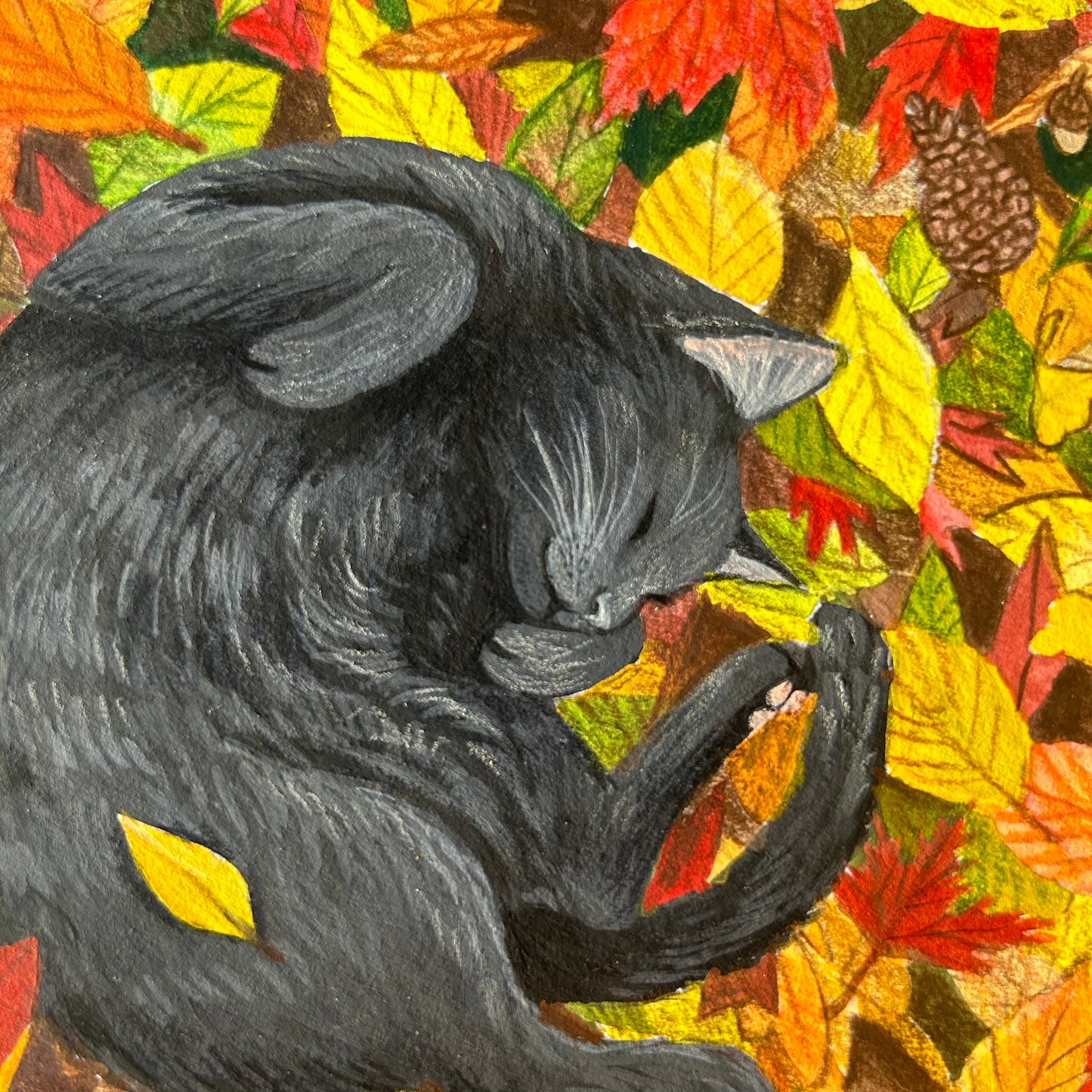 Fall Cat Nap Gouache Art Print 8.5" x 8.5"