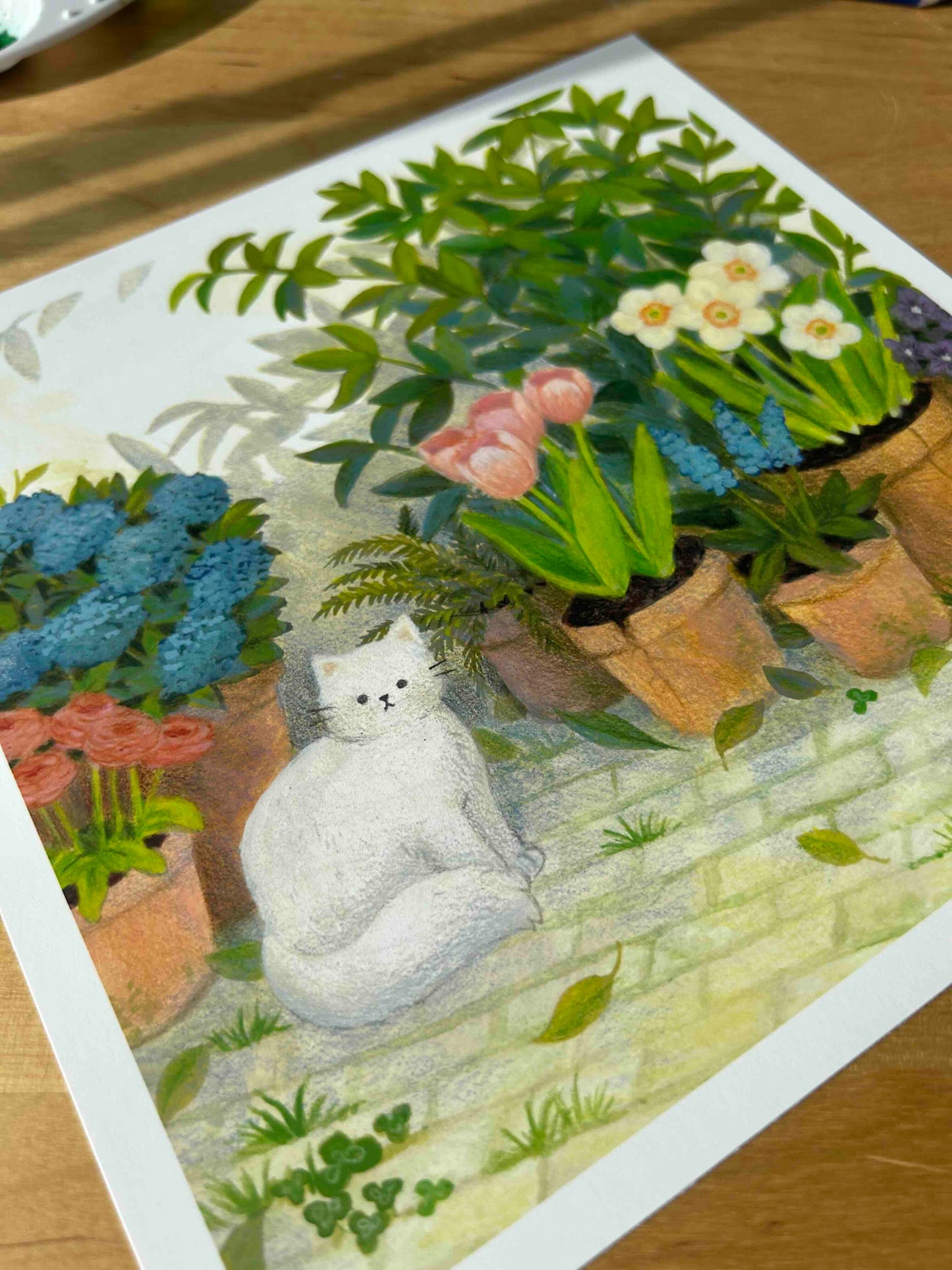 Cat in the Garden Gouache Art Mini Print 8.5" x 8.5"