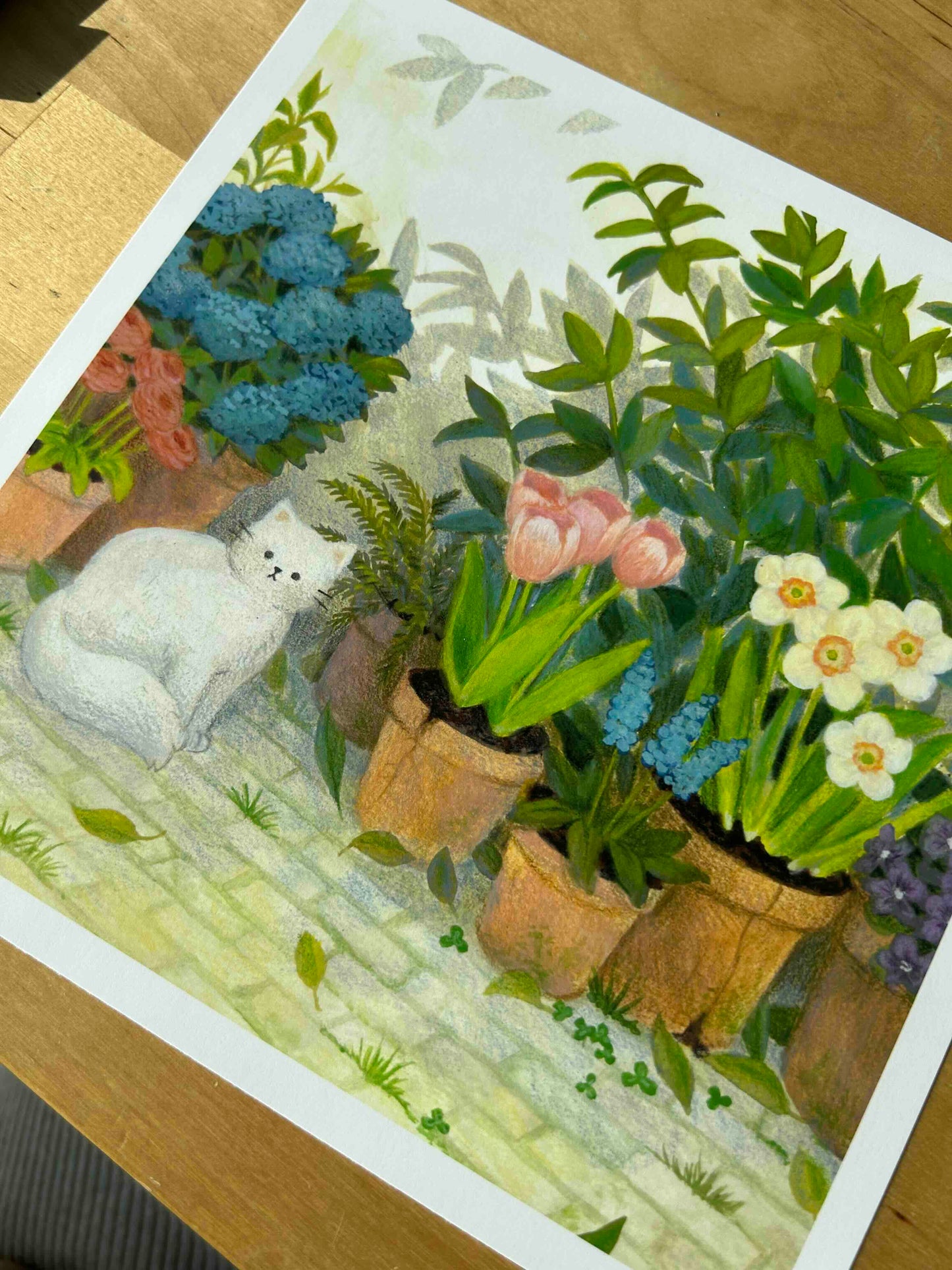 Cat in the Garden Gouache Art Mini Print 8.5" x 8.5"