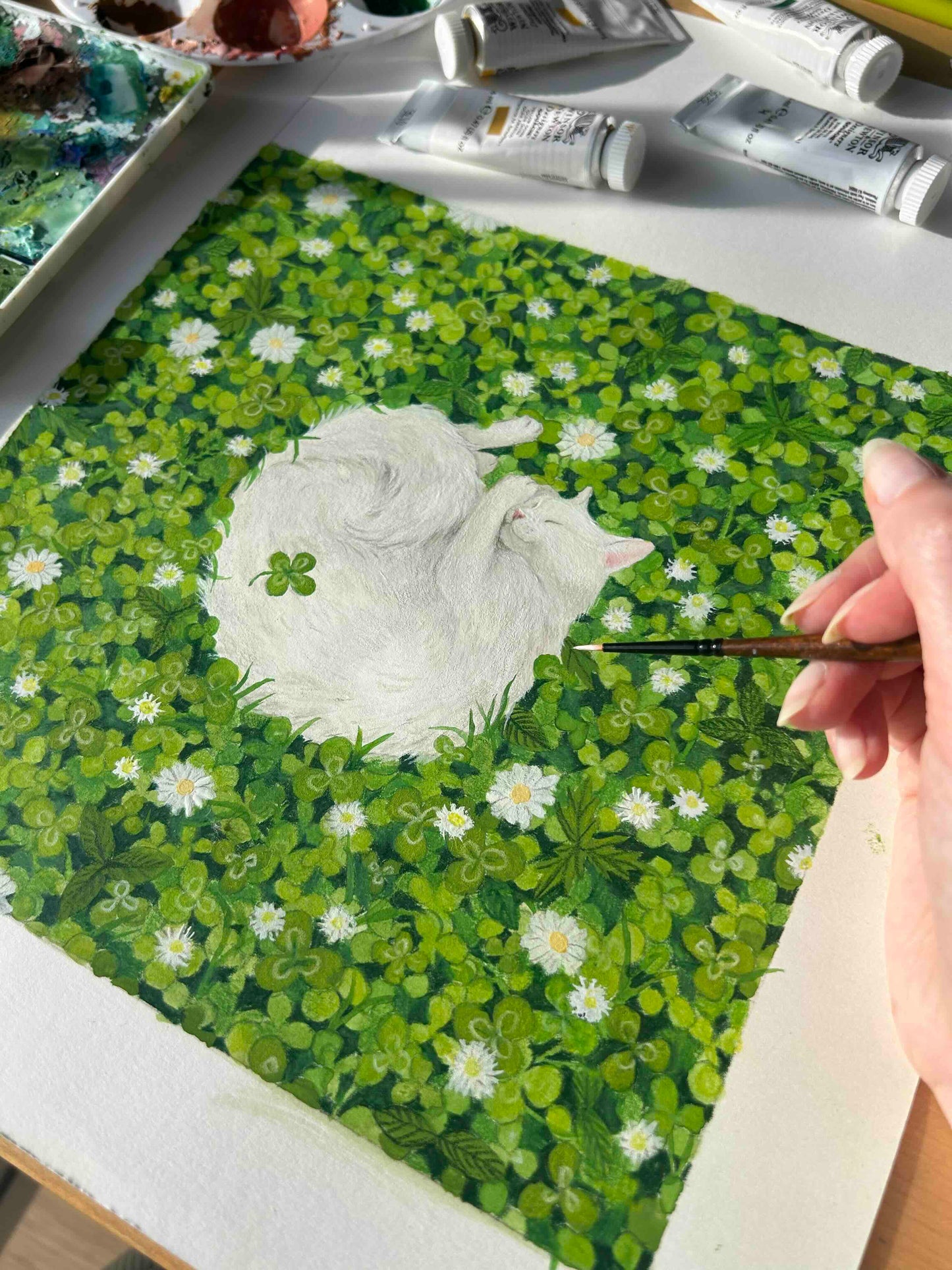 Clover Cat Nap Gouache Art Mini Print 8.5" x 8.5"