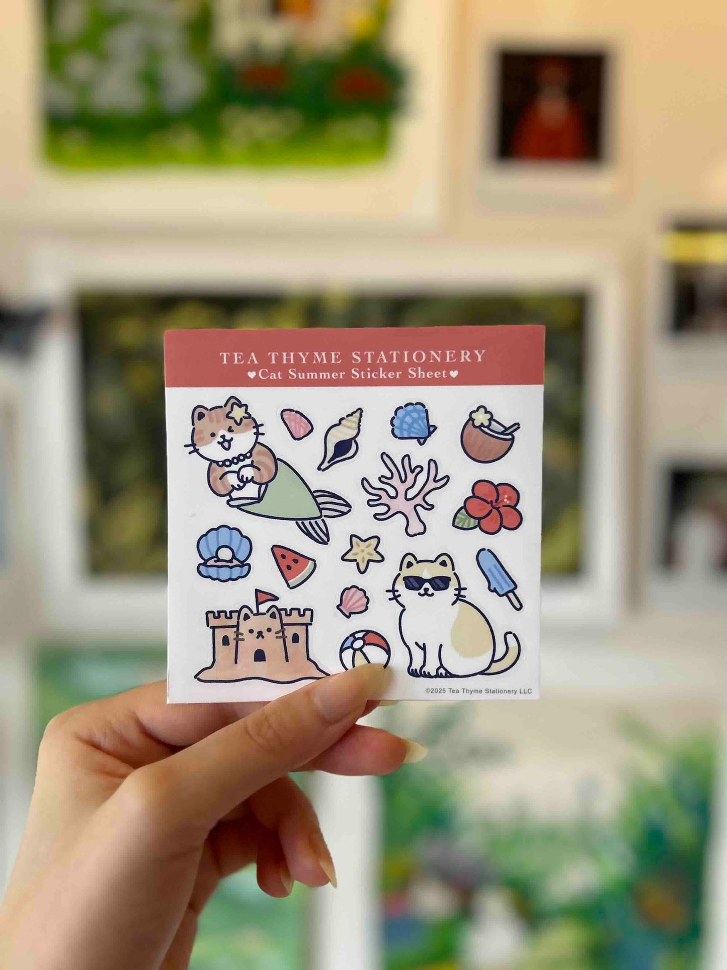 Cat Summer Mini Sticker Sheet 3.75" x 3.75" Waterproof Vinyl