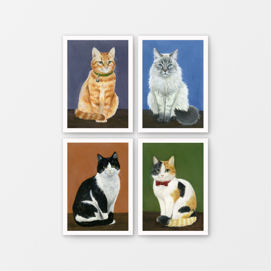 Set of 4 Cat Gouache Mini Prints 5" x 7"