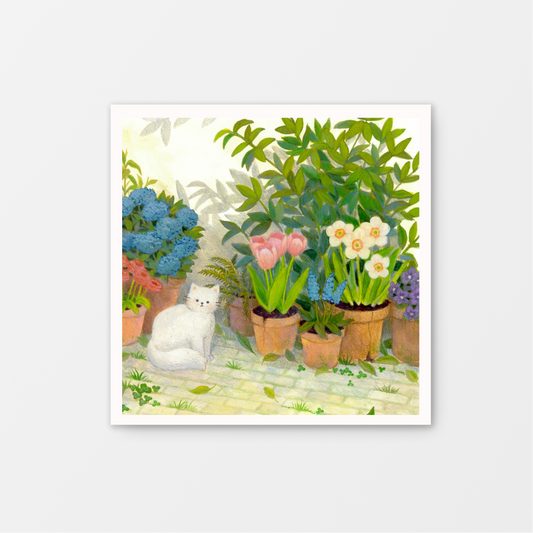 Cat in the Garden Gouache Art Mini Print 8.5" x 8.5"
