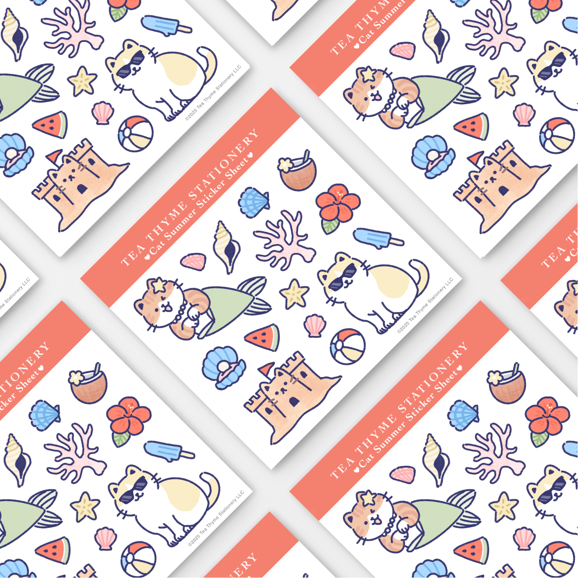 Cat Summer Mini Sticker Sheet 3.75" x 3.75" Waterproof Vinyl