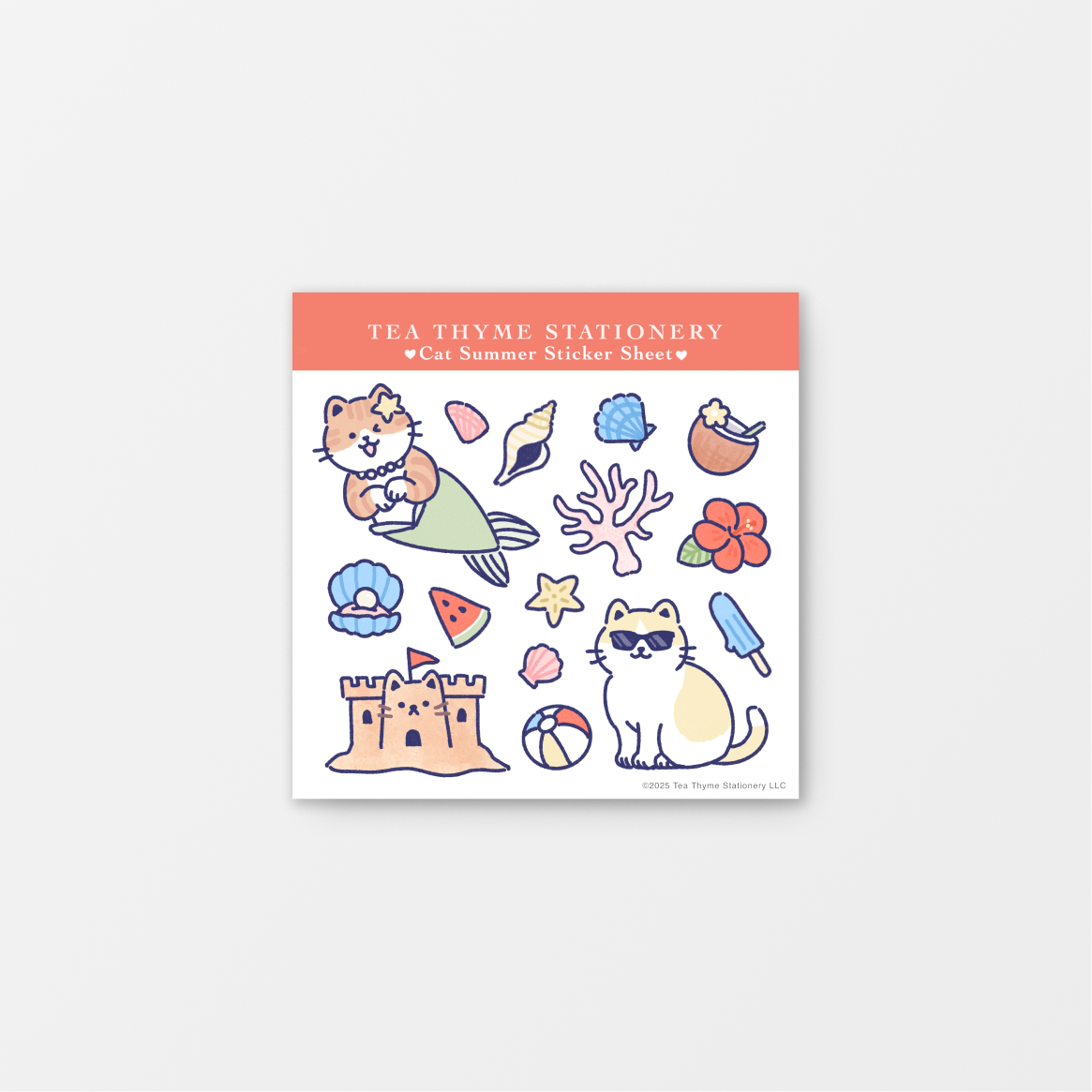 Cat Summer Mini Sticker Sheet 3.75" x 3.75" Waterproof Vinyl