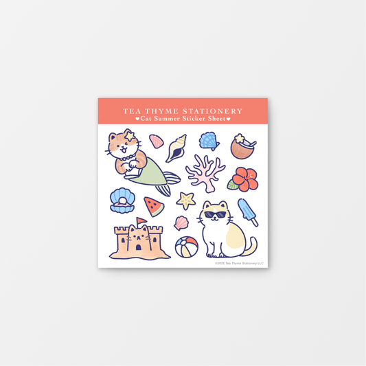 Cat Summer Mini Sticker Sheet 3.75" x 3.75" Waterproof Vinyl
