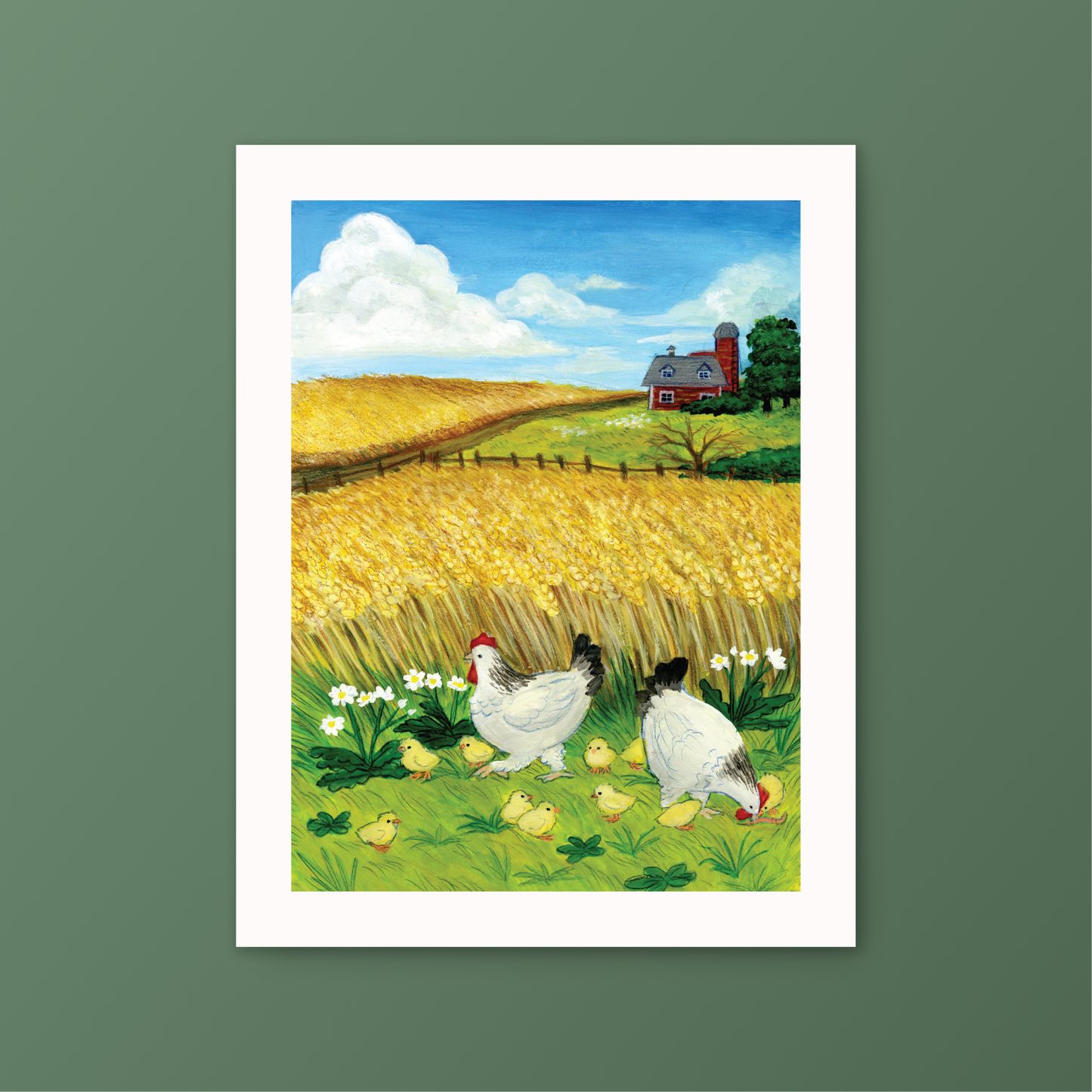 Chickens and Wheat Gouache Art Print 8.5 x 11