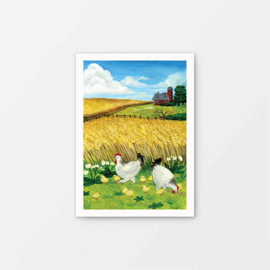 Chickens and Wheat Gouache Mini Art Print 5 x 7