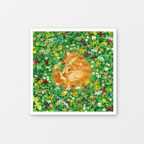 Flower Cat Nap Gouache Art Mini Print 8.5" x 8.5"