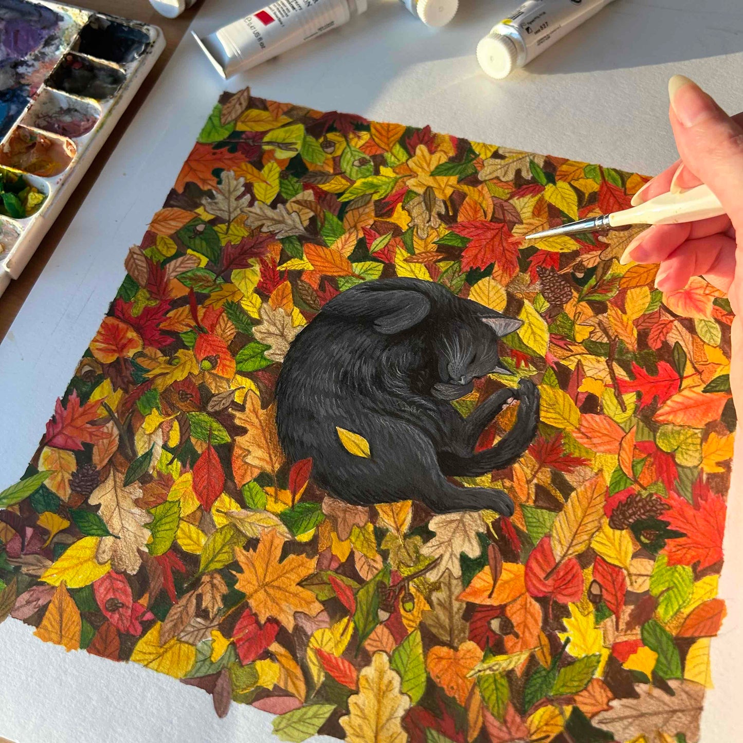 Fall Cat Nap Gouache Art Print 8.5" x 8.5"