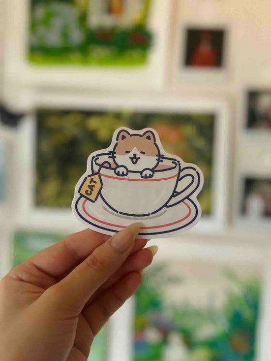 Tea Cup Cat Sticker Waterproof Vinyl Die-cut Stickers