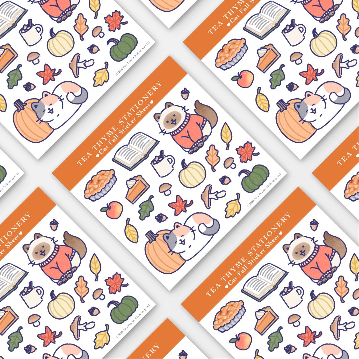 Cat Fall Mini Sticker Sheet 3.75" x 3.75" Waterproof Vinyl Stickers