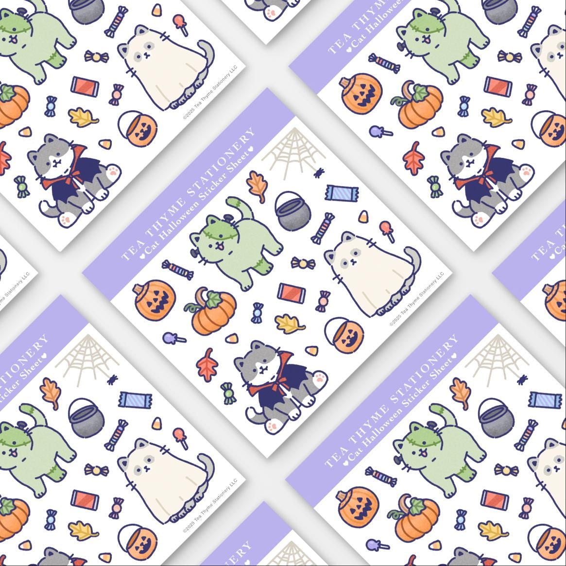 Cat Halloween Mini Sticker Sheet 3.75" x 3.75" Waterproof Vinyl Stickers