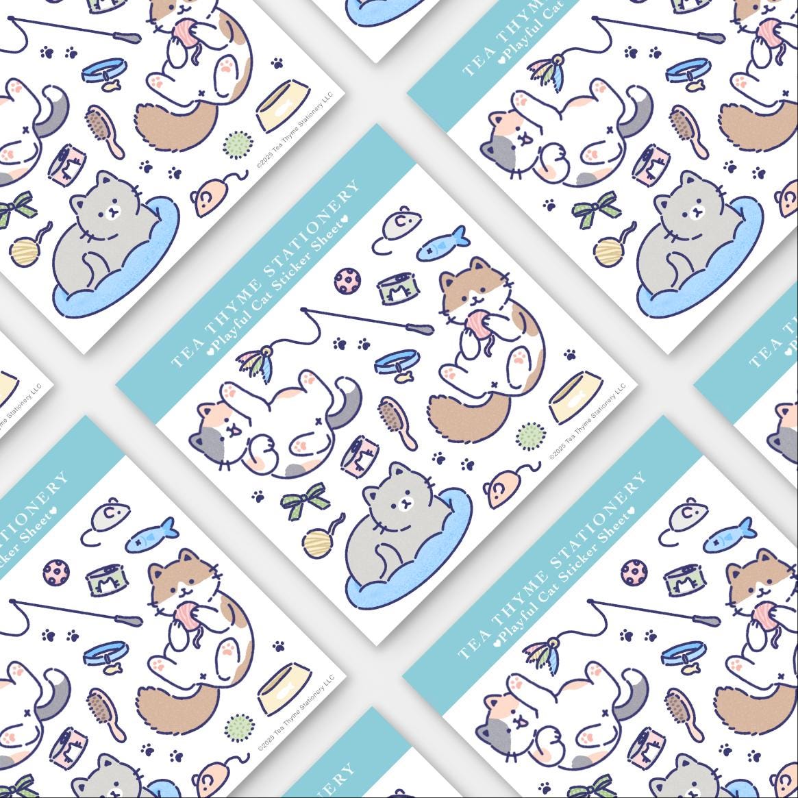 Playful Cat Mini Sticker Sheet 3.75" x 3.75" Waterproof Vinyl Stickers