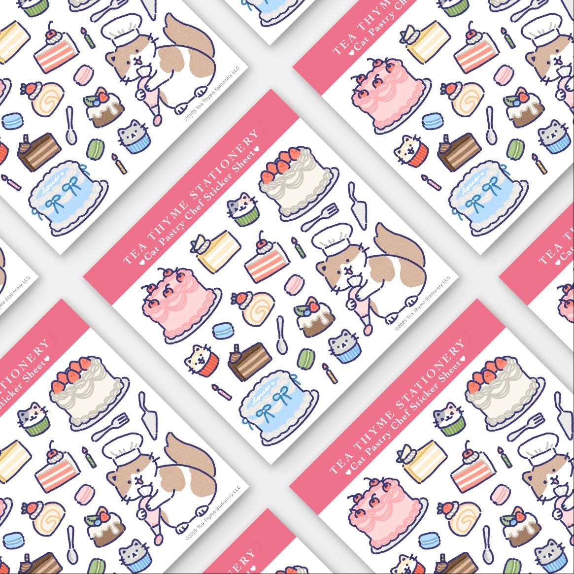 Cat Pastry Chef Mini Sticker Sheet 3.75" x 3.75" Waterproof Vinyl Stickers