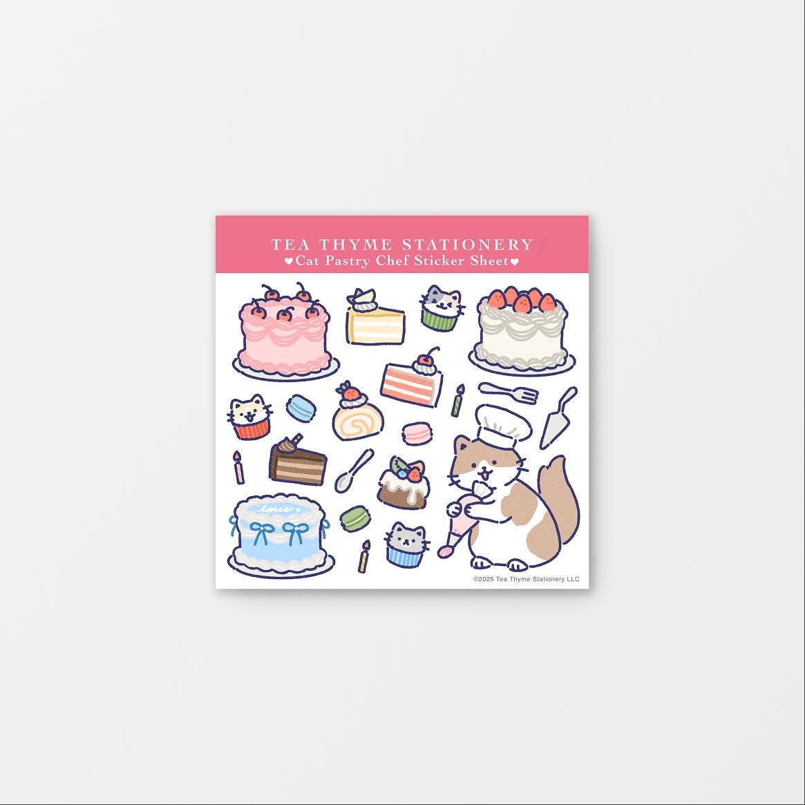 Cat Pastry Chef Mini Sticker Sheet 3.75" x 3.75" Waterproof Vinyl Stickers
