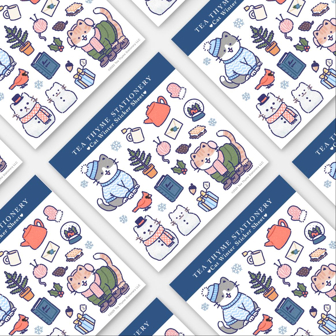 Cat Winter Mini Sticker Sheet 3.75" x 3.75" Waterproof Vinyl Stickers