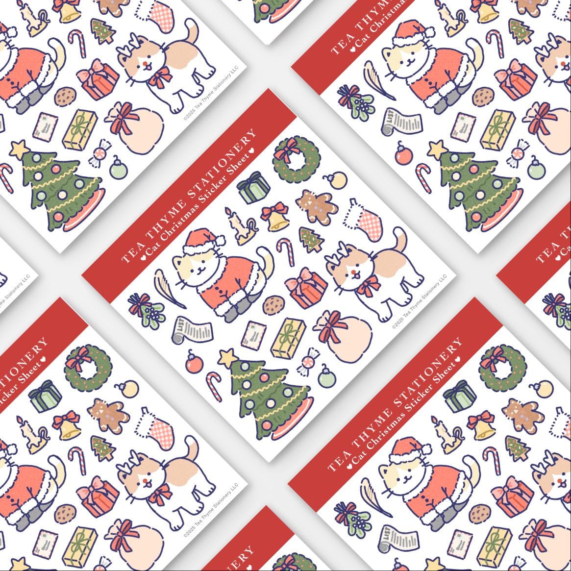 Cat Christmas Mini Sticker Sheet 3.75" x 3.75" Waterproof Vinyl Stickers