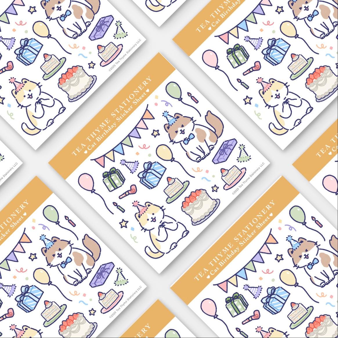 Cat Birthday Mini Sticker Sheet 3.75" x 3.75" Waterproof Vinyl Stickers