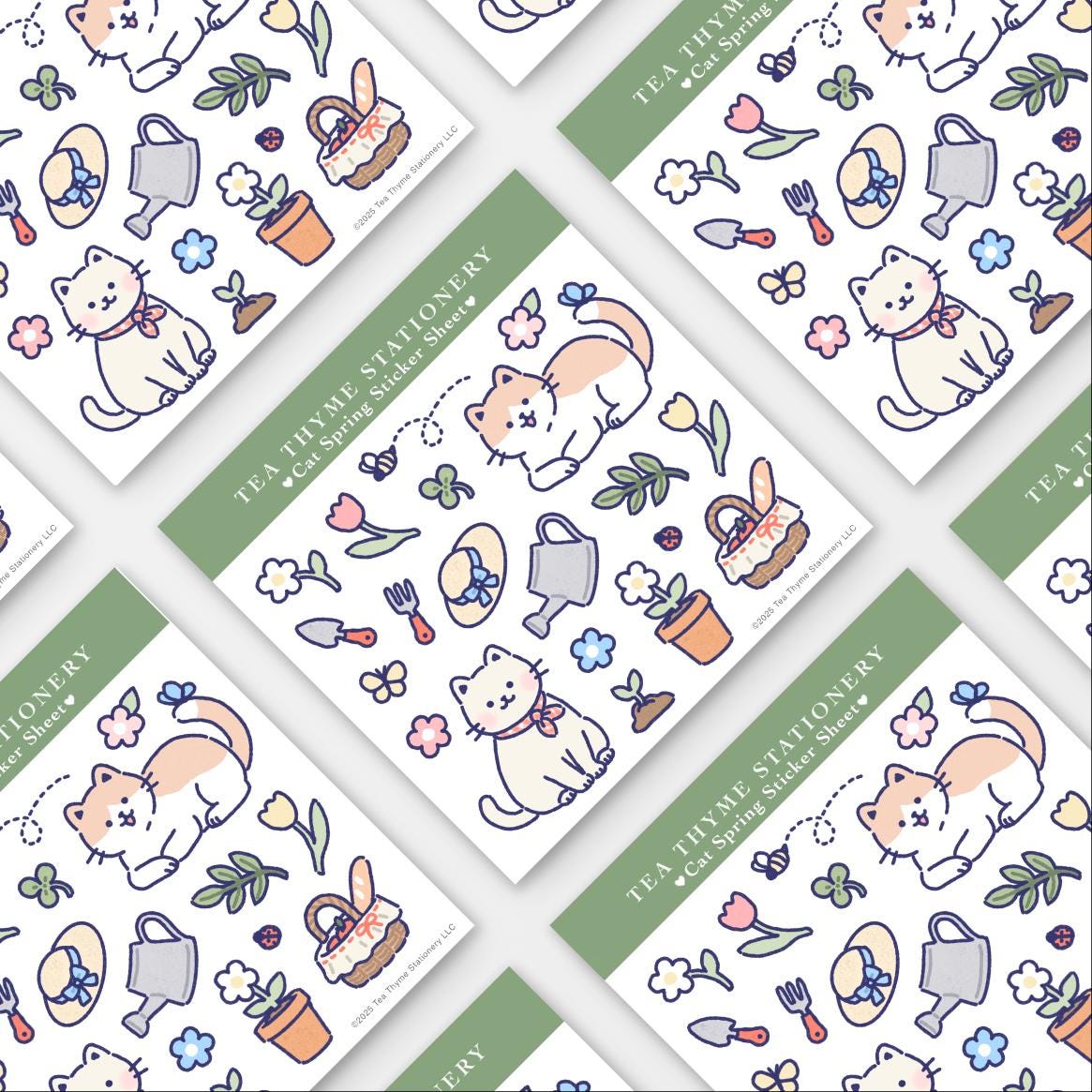 Cat Spring Mini Sticker Sheet 3.75" x 3.75" Waterproof Vinyl Stickers