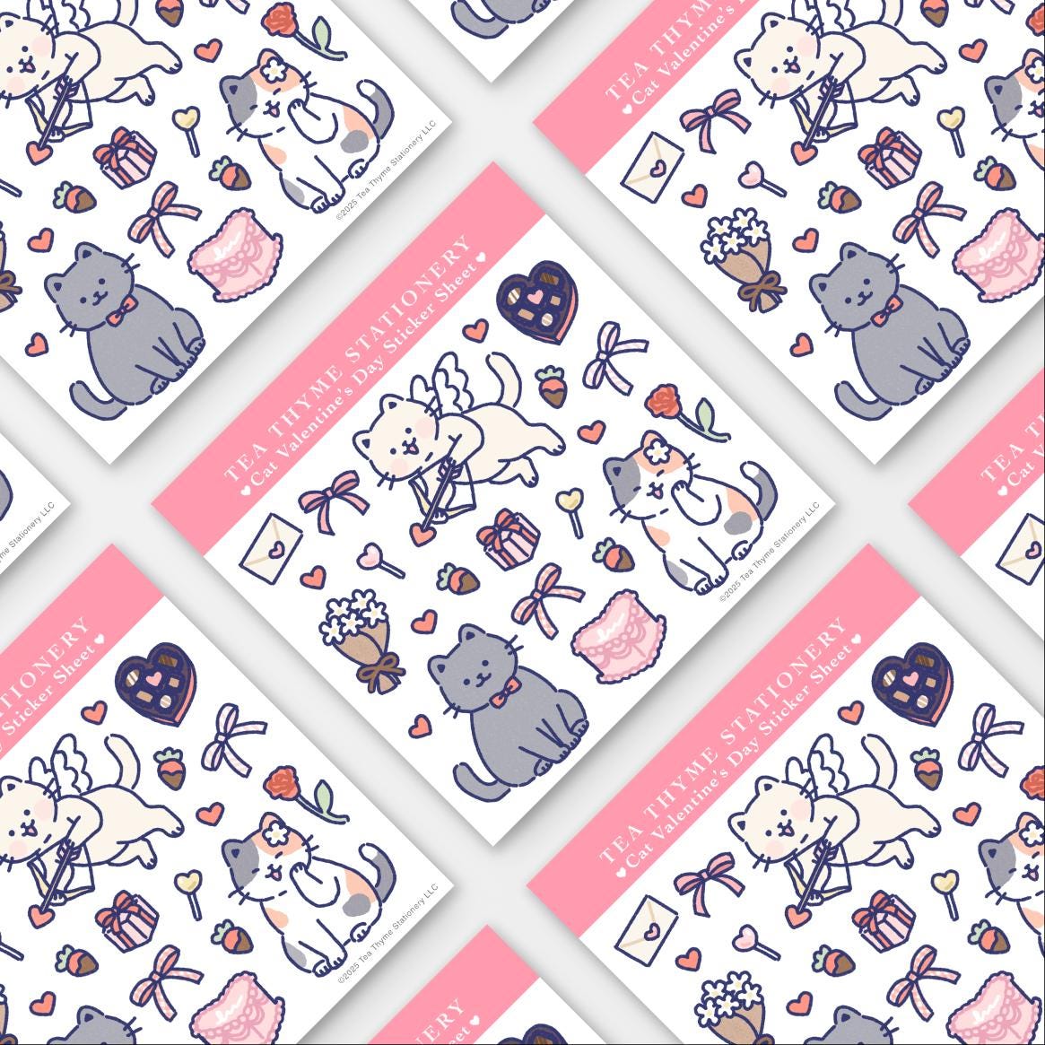 Cat Valentine's Day Mini Sticker Sheet 3.75" x 3.75"