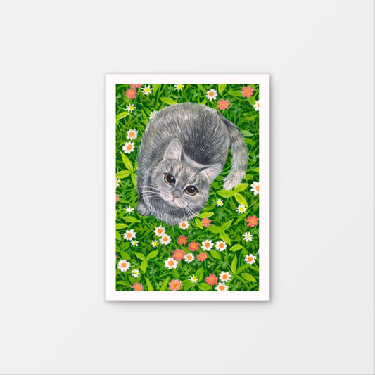 Little Friend Gouache Art Mini Print 5" x 7", Cottagecore painting, Wall art decor, Whimsical art, Cat painting