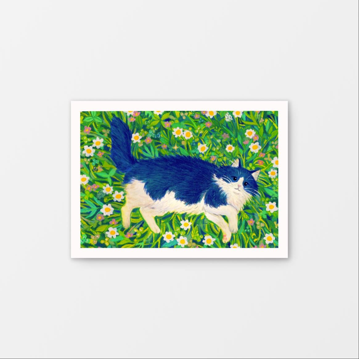 Cat Laying in a Field of Flowers Gouache Art Mini Print 7" x 5"